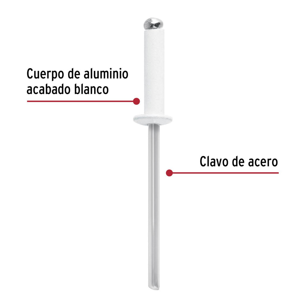 Bolsa c/50 remaches 1/8"x5/16" blancos de aluminio, ala 1/4" - Mundo Tool 