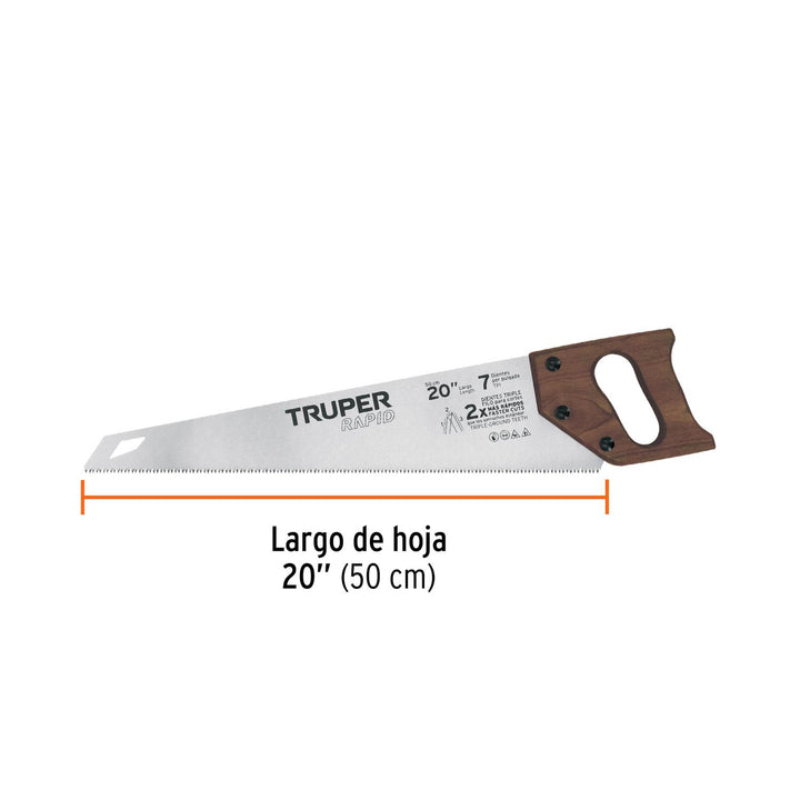 Serrucho Rapid 20', 7 DPP, mango de madera, Truper - Mundo Tool 