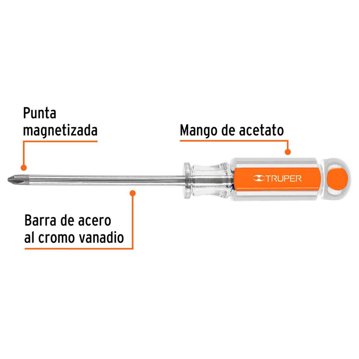 Desarmador punta Phillips # 2 mango acetato 4" Truper - Mundo Tool 