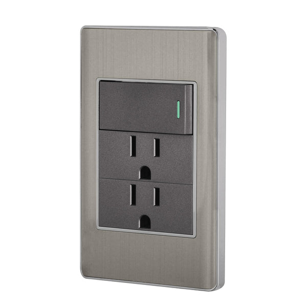 Volteck PA-APCO-L3A, Placa armada 1 interruptor sencillo y 2 contactos de 2 polos + tierra color acero línea Lisboa - Mundo Tool 