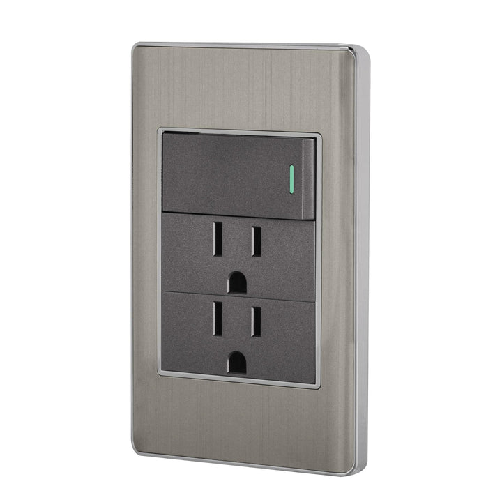 Volteck PA-APCO-L3A, Placa armada 1 interruptor sencillo y 2 contactos de 2 polos + tierra color acero línea Lisboa - Mundo Tool 
