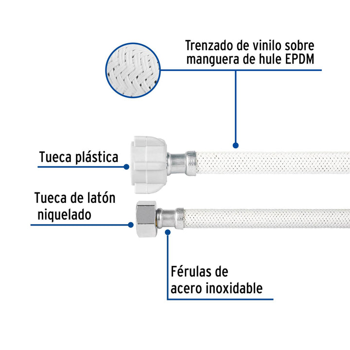 Manguera p/WC vinilo blanco 1/2'x7/8', 60cm, plástico/latón - Mundo Tool 