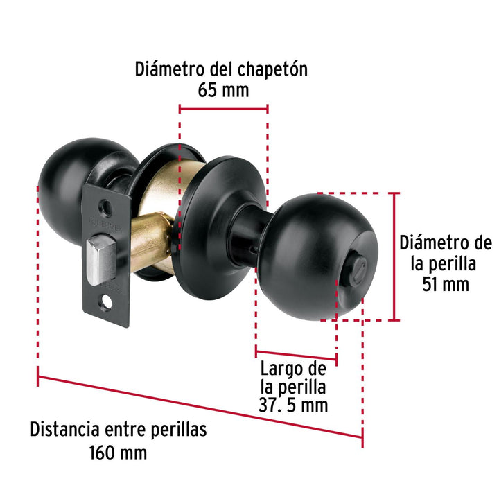 Cerradura tipo esfera, cilíndrico, baño, negro, Basic - Mundo Tool 