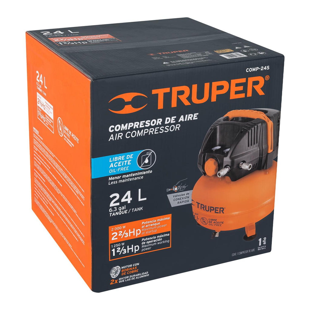 Compresor libre de aceite compacto 24L, 2-2/3HP 127V Truper - Mundo Tool 