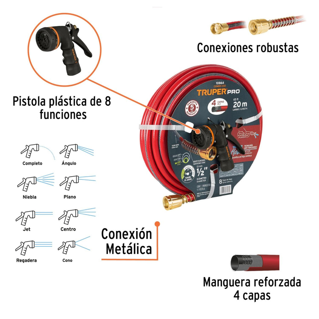 Combo manguera MAN-20X1/2X y pistola de riego PR-208, Truper - Mundo Tool 