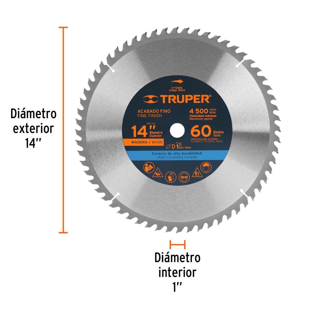 Disco sierra 14" para madera, 60 dientes centro 1", Truper - Mundo Tool 