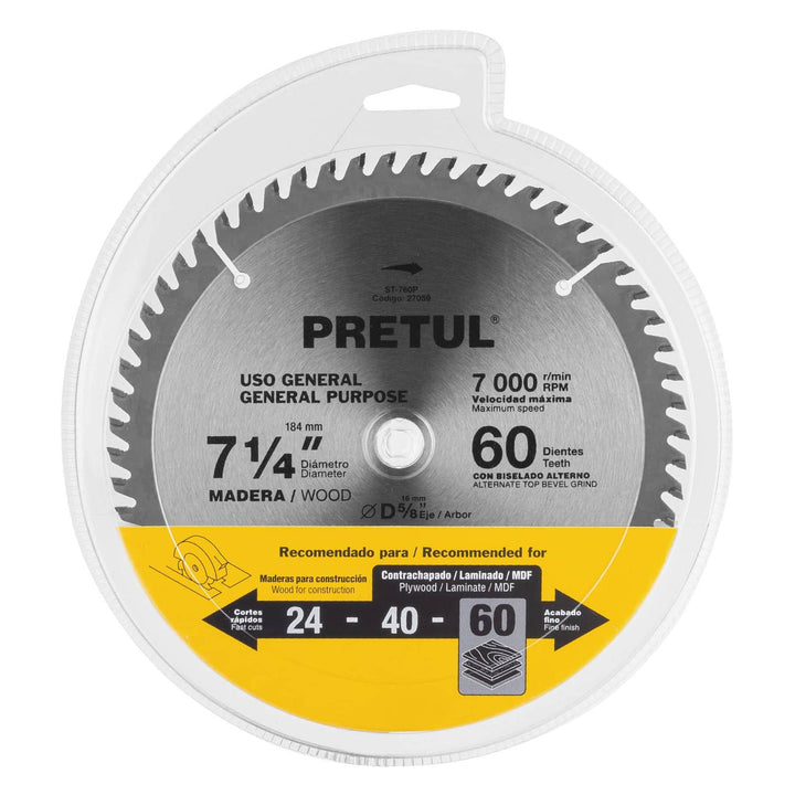 Disco Sierra P/madera 7-1/4 60 Dientes C5/8 Pretul - Mundo Tool 