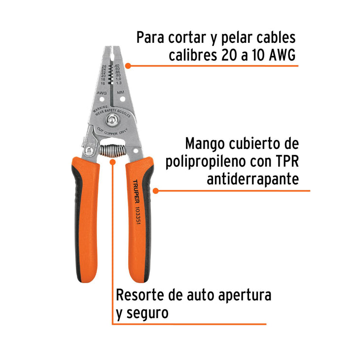 Pinza 6' pela cables, 20 a 10 AWG, TRUPER - Mundo Tool 