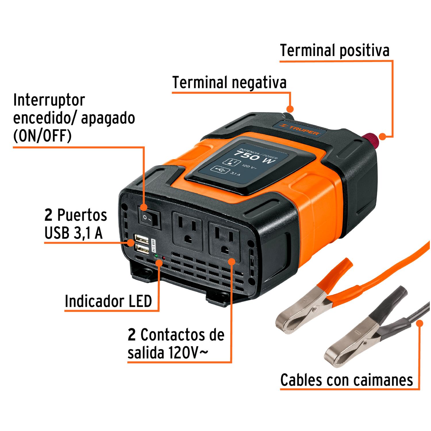 Inversor de corriente de 750 W con puertos USB, Truper Truper. Mundo