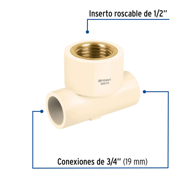 Tee reducida CPVC latón rosca interior 3/4x3/4x1/2' Foset - Mundo Tool 