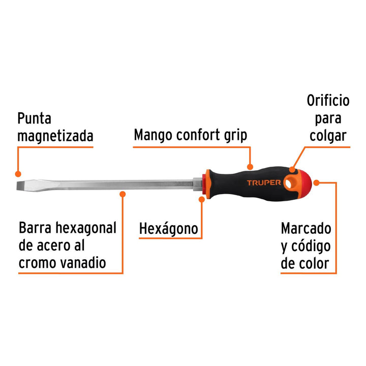 Desarmador plano 3/8" x 8" mango Comfort Grip, Truper - Mundo Tool 