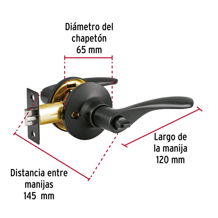 Cerradura manija 'Milán' p/recámara, negro, cil latón, Basic - Mundo Tool 