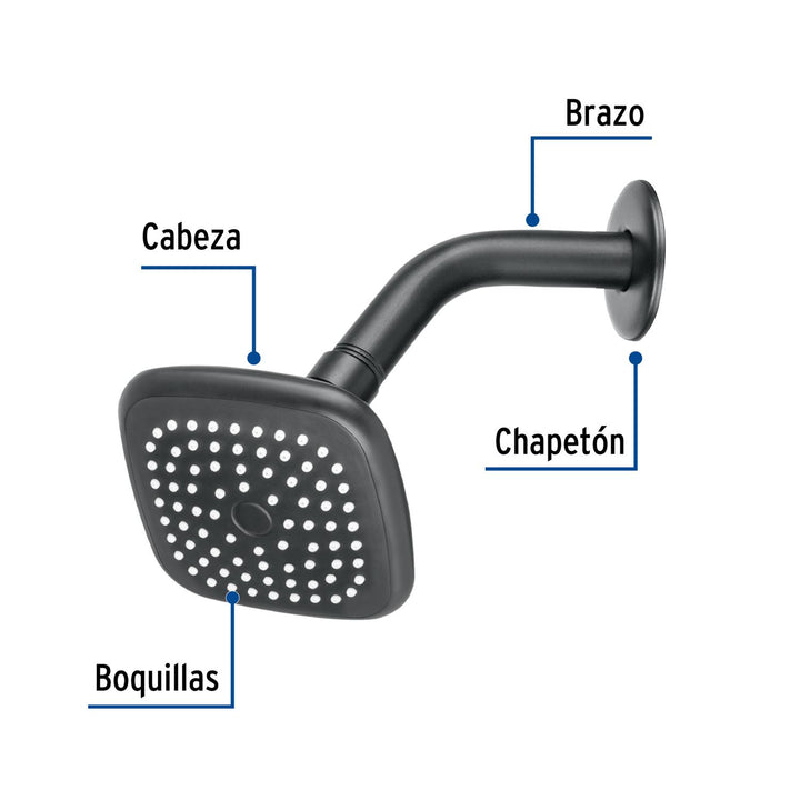 Regadera cuadrada 3-3/4' brazo y chapetón, negro, Basic - Mundo Tool 