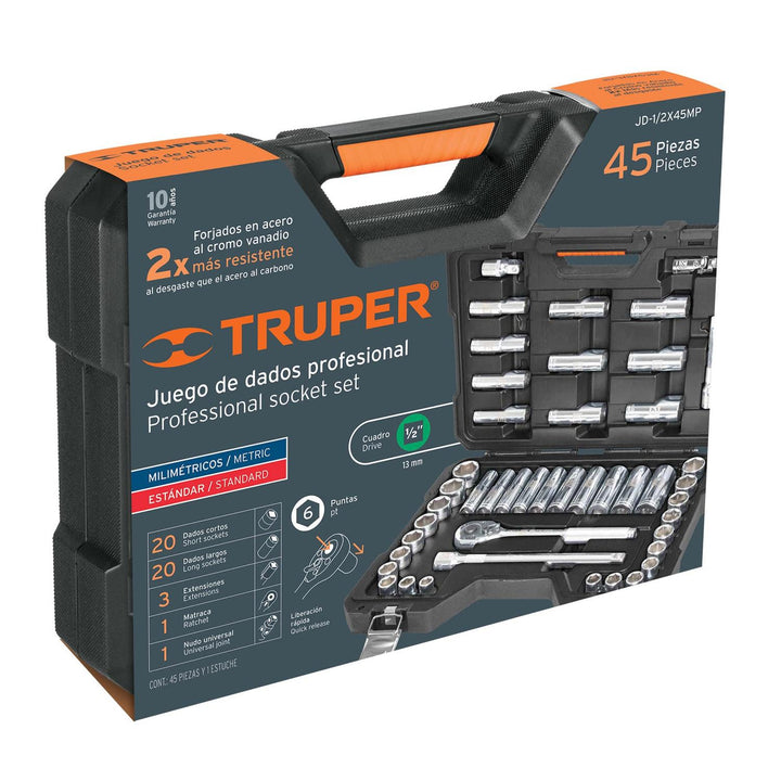 Juego de autoclé cuadro 1/2', 45 piezas, std y mm Truper - Mundo Tool 