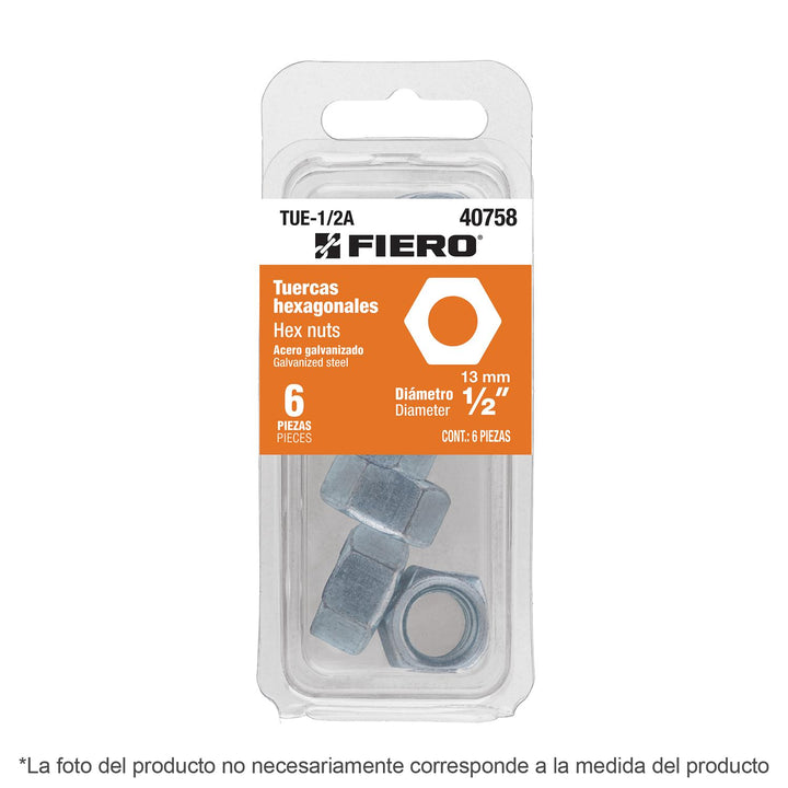 Blíster con 12 tuercas 3/8' hex de acero galvanizado, Fiero - Mundo Tool 