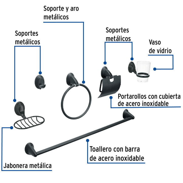 Juego de 6 acc. p/baño negro mate chapetón ovalado, Foset - Mundo Tool 