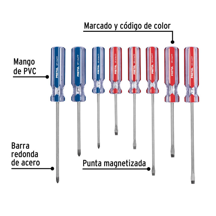 Juego De Desarmadores 8 Piezas Mango Pvc Pretul - Mundo Tool 