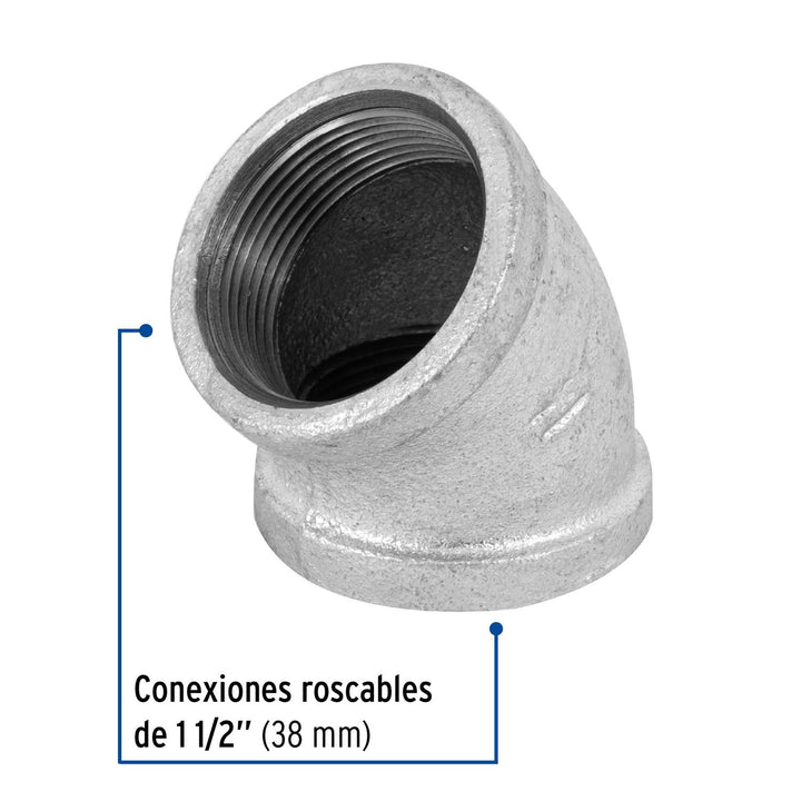 Codo 45°, acero galvanizado, 1-1/2' Foset - Mundo Tool 