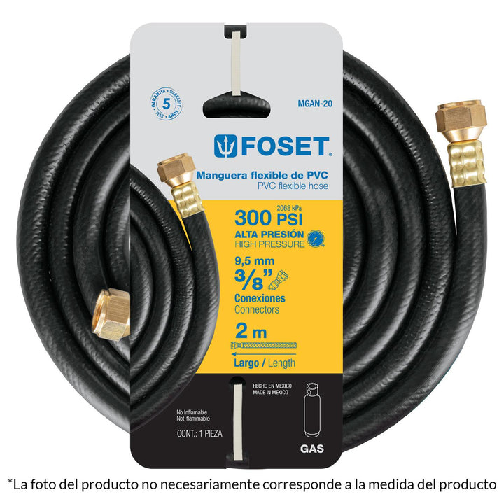 Manguera flexible negra, PVC, 3/8', 250 PSI,con conexión, 5m Foset - Mundo Tool 