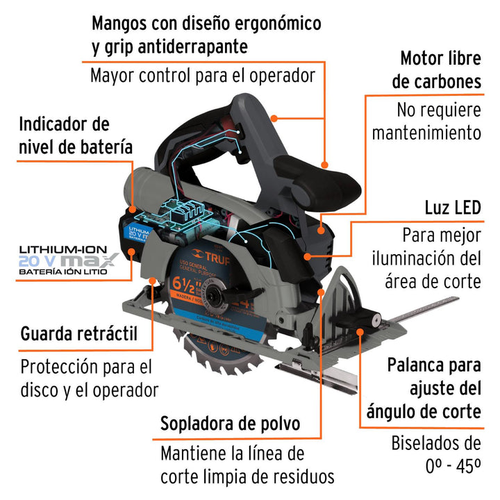 Sierra circular inalámbrica 6-1/2', 20V, sin carbones - Mundo Tool 