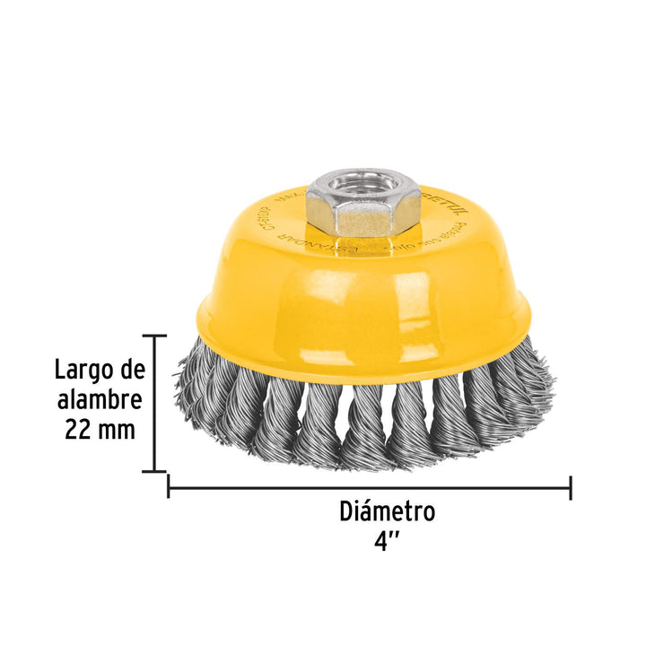 Carda copa 4' alambre trenzado grueso, eje 5/8'-11, Pretul - Mundo Tool 