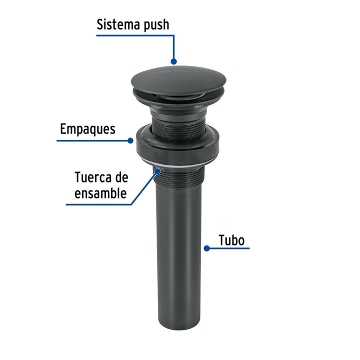 Contra p/lavabo, 1-1/4', sin rebosadero, hongo, latón, negro - Mundo Tool 