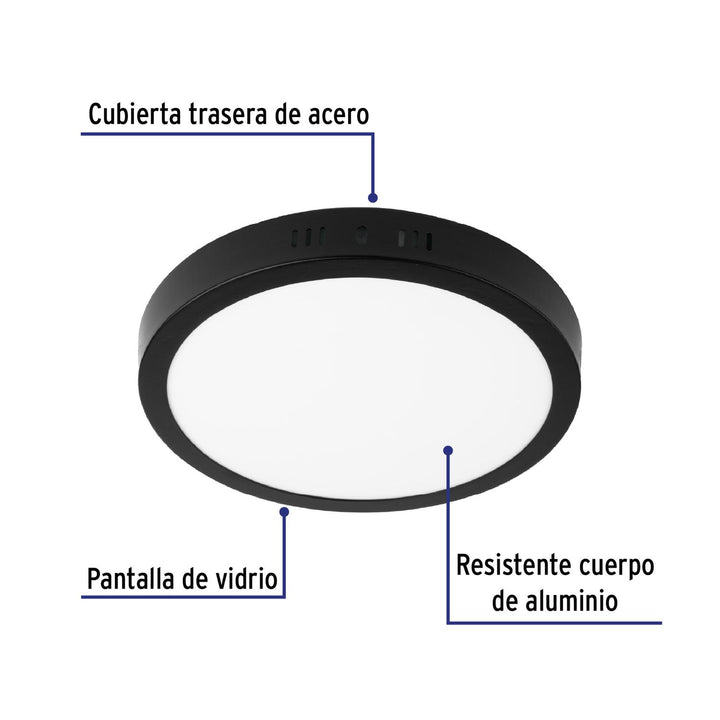 Luminario de LED 18 W redondo tipo plafón luz de día, negro - Mundo Tool 