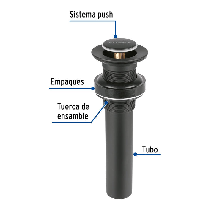 Contra p/lavabo, 1-1/4', sin rebosadero, push, latón, negro - Mundo Tool 