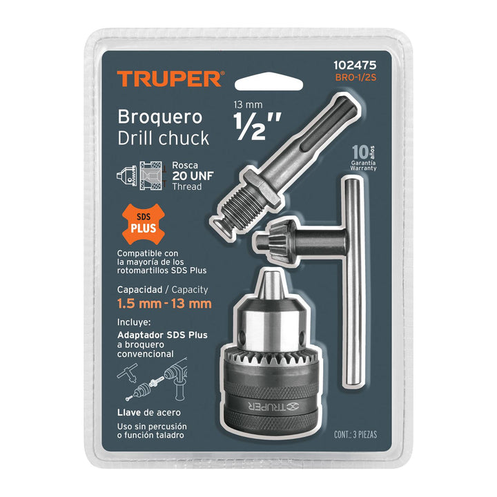 Broquero con llave, 1/2" con adaptador SDS Plus, Truper - Mundo Tool 