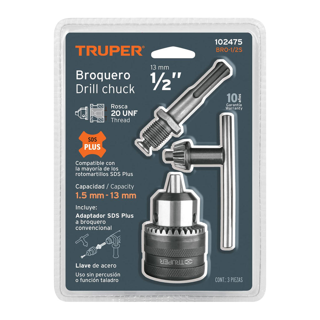 Broquero con llave, 1/2" con adaptador SDS Plus, Truper - Mundo Tool 