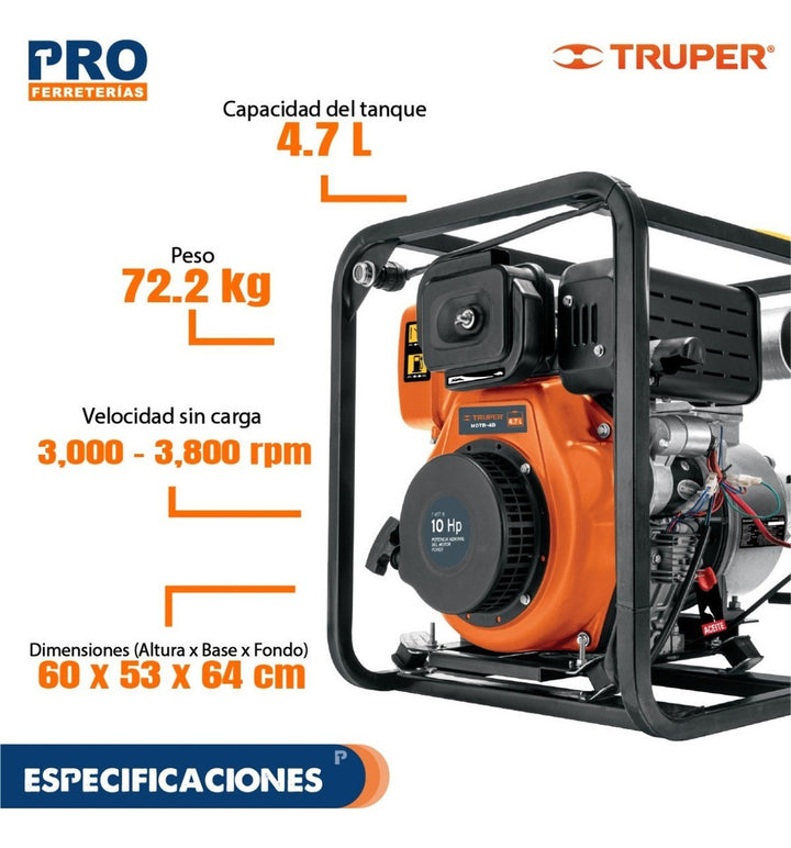 Motobomba Autocebante 14 Hp Diesel 4 X 4 Truper 102422 - Mundo Tool 