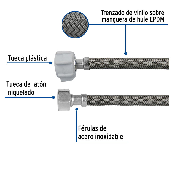 Manguera p/WC, vinilo gris, 1/2'x7/8', 50cm, plástico/latón - Mundo Tool 