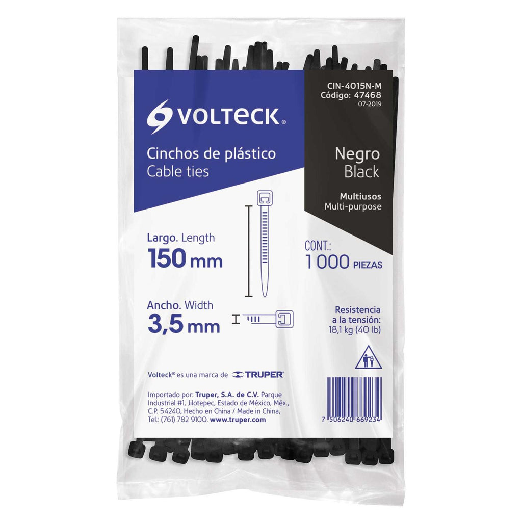 Cincho plástico, 40 lb, 15 cm, negro, bolsa con 1000 pzas Volteck - Mundo Tool 