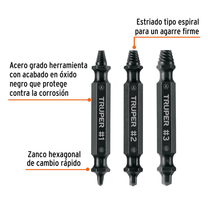 Blíster con 3 puntas extractoras de tornillos, Truper - Mundo Tool 