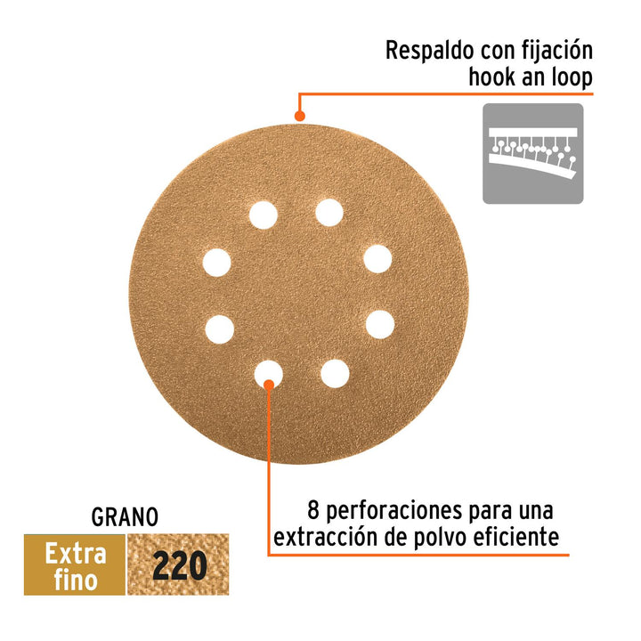 Caja con 5 discos de lija 5' grano 220 lijadora roto- orbita - Mundo Tool 