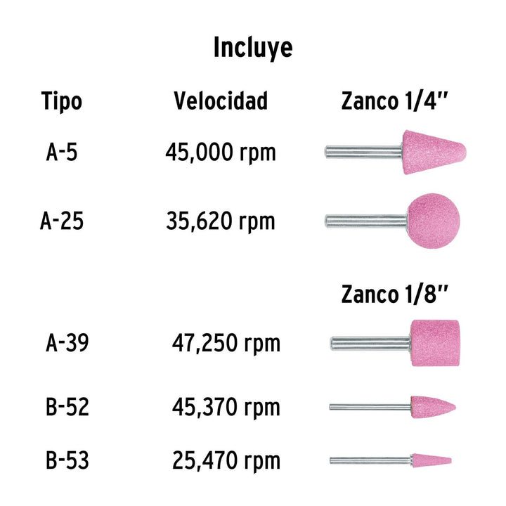 Juego de 5 piedras montadas zanco 1/4" y 1/8",uso general - Mundo Tool 