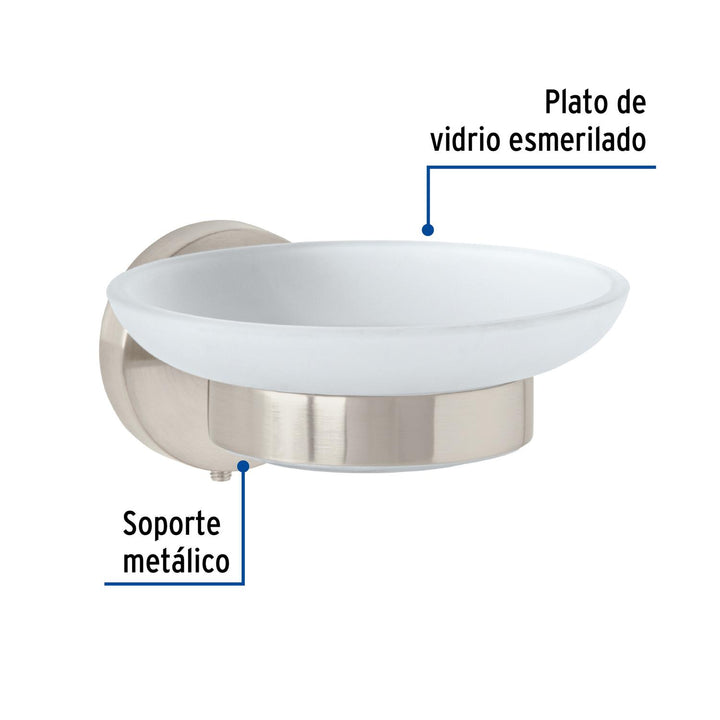 Jabonera metálica satín con plato de vidrio, Foset Túbig - Mundo Tool 