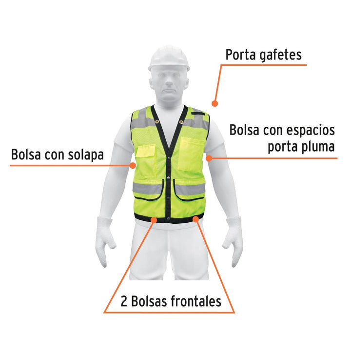 Chaleco seguridad reforzado verde con bolsas, XG, Expert - Mundo Tool 