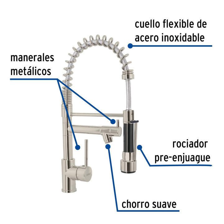 Monomando con doble salida para fregadero, Satín, Element - Mundo Tool 