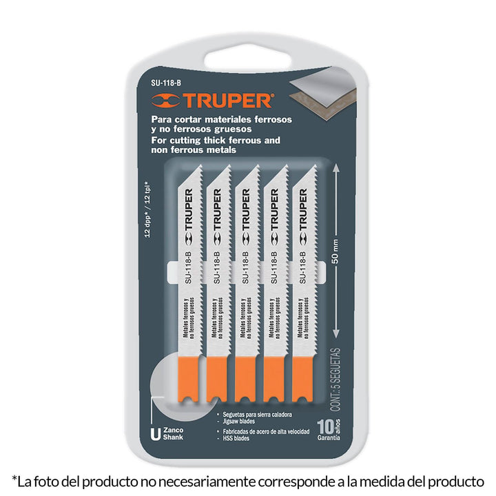 Segueta caladora,cortes rectos metal,zanco u,24dpp,5 pzas Truper - Mundo Tool 