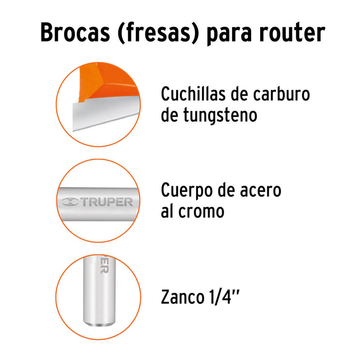 Broca para router, corte en "V" de 1/4" - Mundo Tool 