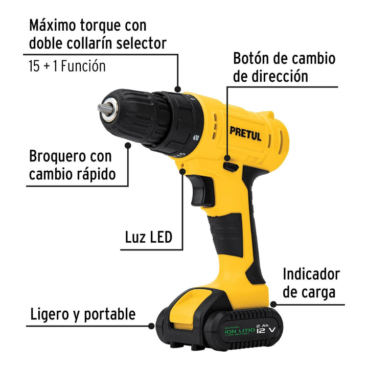 Kit taladro inalámbrico 3/8", 12 V, y accesorios con estuche - Mundo Tool 