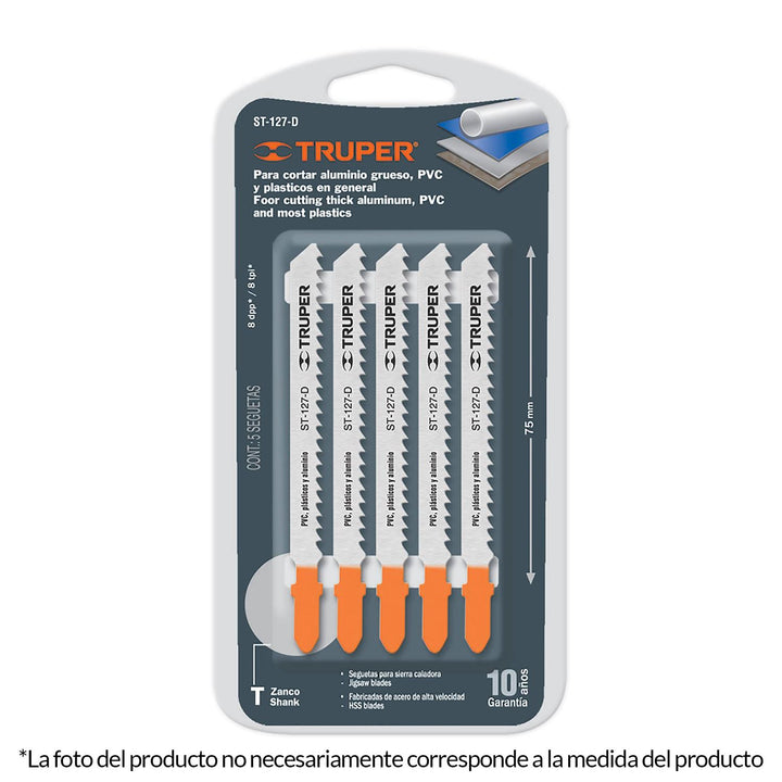 Segueta caladora,cortes rectos metal,zanco t,21 dpp,5 pzas Truper - Mundo Tool 