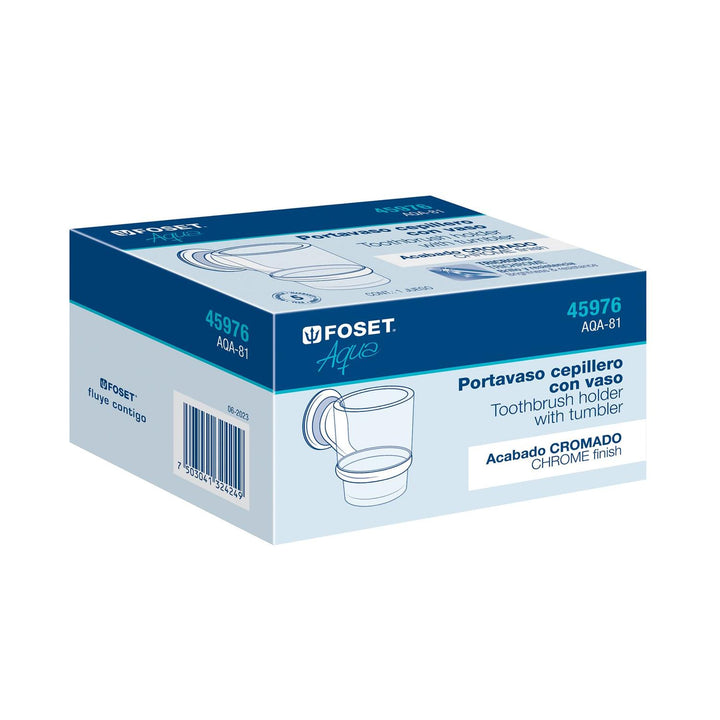 Portavaso cepillero cromo con vaso de vidrio, Foset Aqua - Mundo Tool 