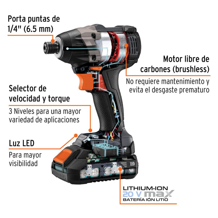 Destornillador de impacto inalámbrico 1/4", 20V, sin carbones - Mundo Tool 