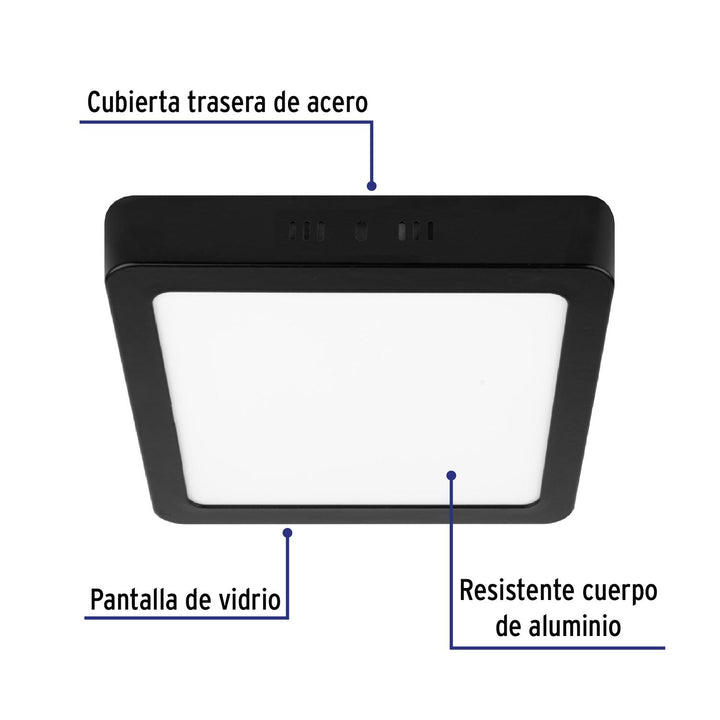 Luminario de LED 18 W cuadrado tipo plafón luz de día, negro - Mundo Tool 