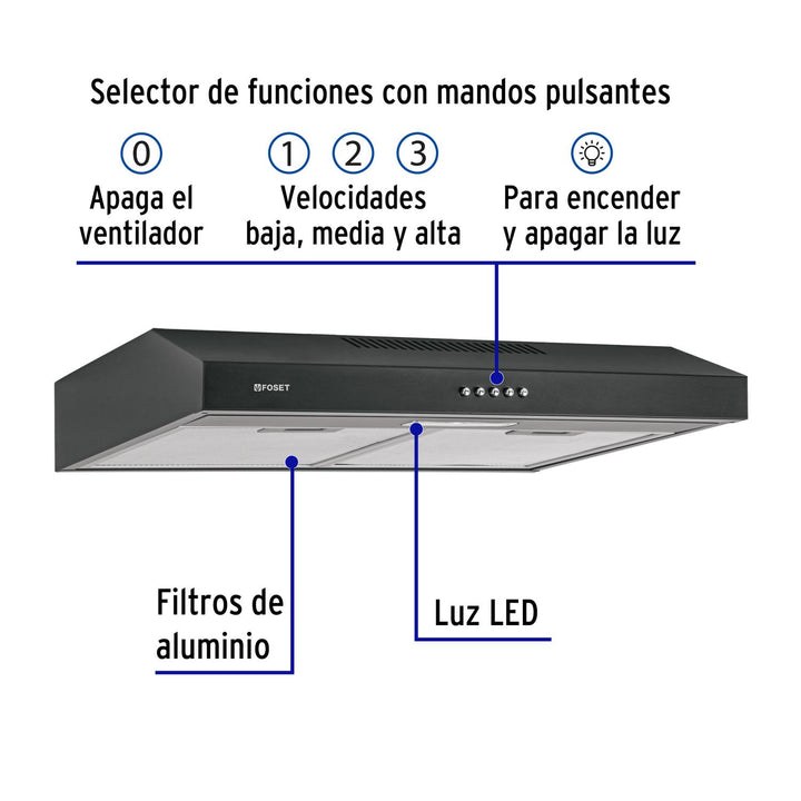 Campana extractora 60 cm, empotrable, negra, Foset - Mundo Tool 