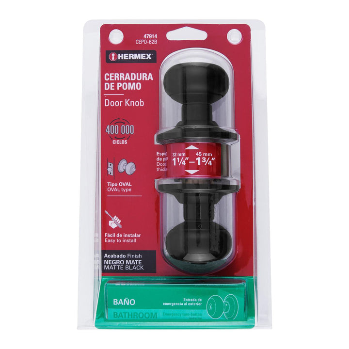 Cerradura pomo, negro, oval, baño, Hermex - Mundo Tool 