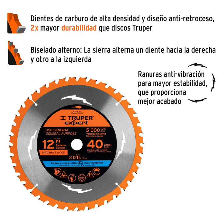 Disco sierra p/madera 12', 40 d, centro 1', Expert Expert - Mundo Tool 