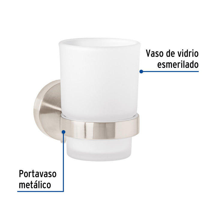 Portavaso cepillero satín con vaso de vidrio, Foset Túbig - Mundo Tool 